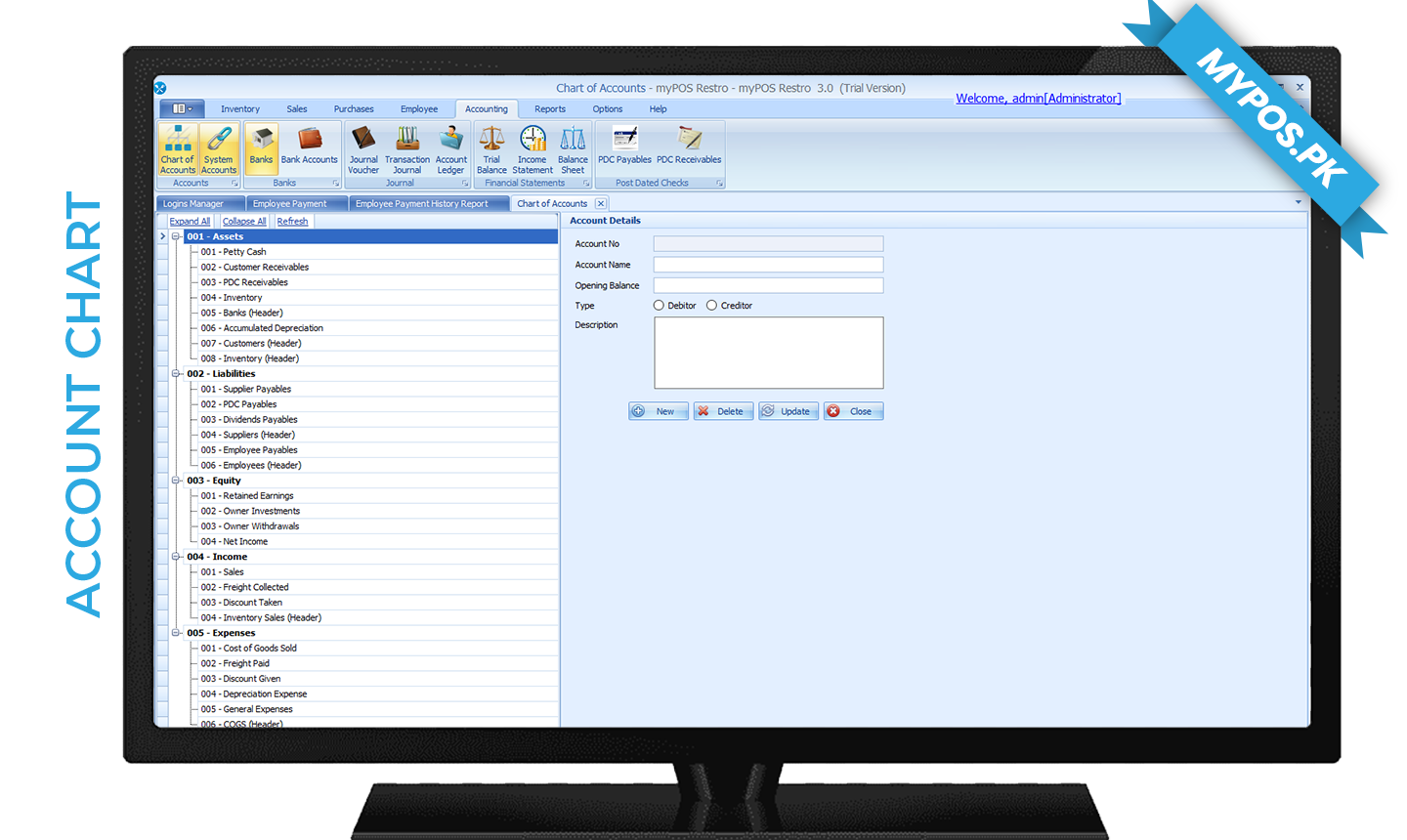 myPOS reporting and accounting screen — account chart