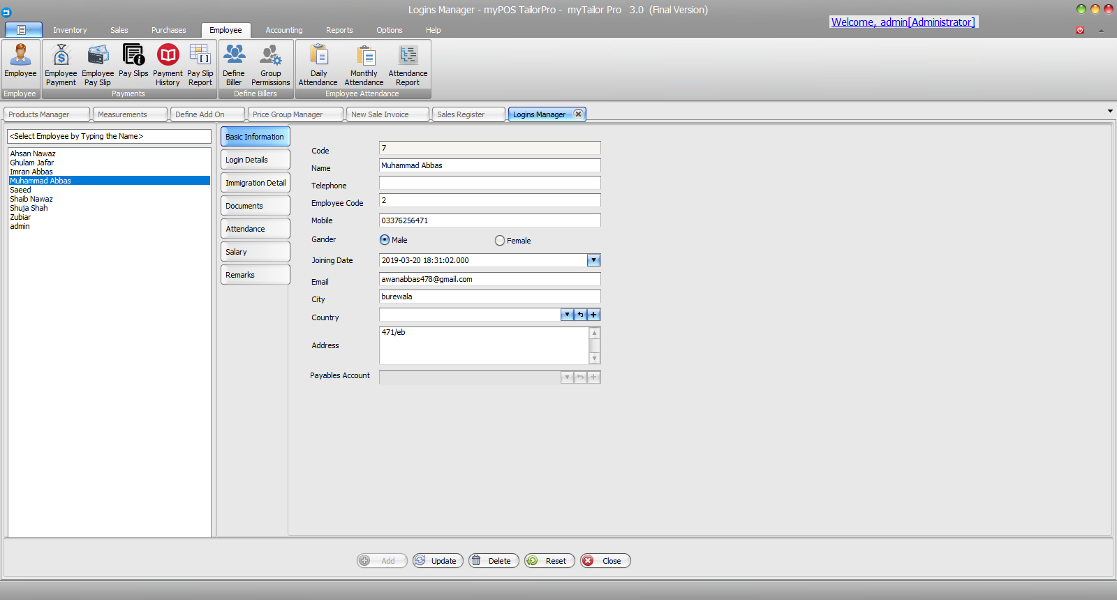 TailorPro screenshot: User Login Management