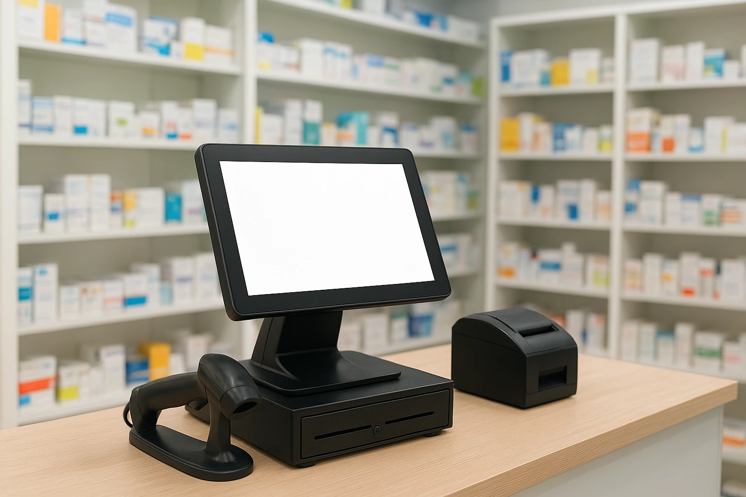 Pharmacy checkout counter inside a medical complex